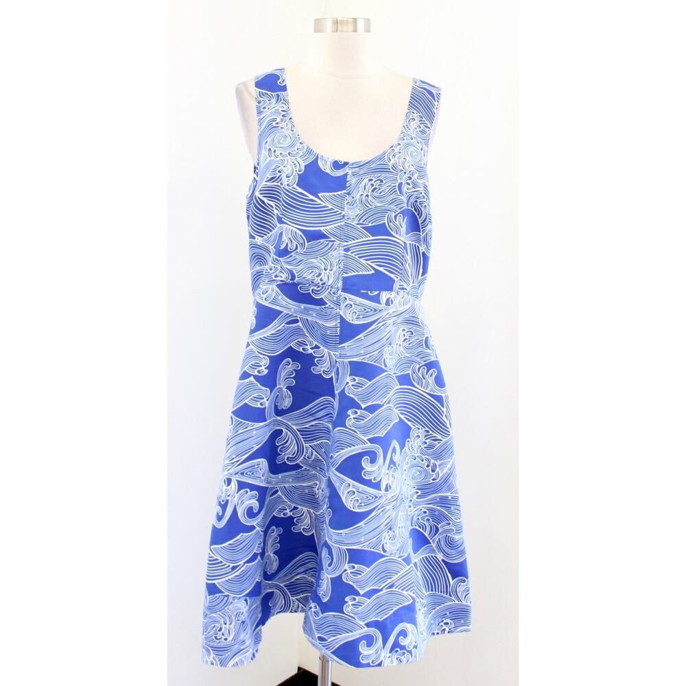 NWT Plenty Tracy Reese Blue White Wave Print Fit and Flare Sleeveless Dress 14